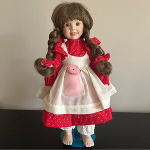 MYD Marian Yu Designs Porcelain Doll 14 Inch Vintage Pig Plush In Pocket